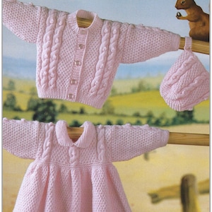 Baby Girls Dress, Cardigan and Hat Knitting Pattern
