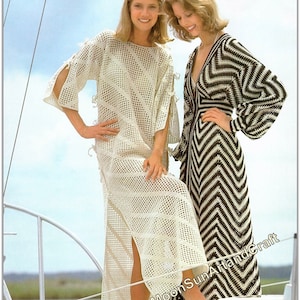 May include: Two women wearing long crochet dresses. One dress is white with a geometric pattern and the other is black and white with a chevron pattern. The women are standing on a boat.