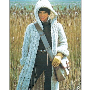 Vintage Hooded Women&#39;s Long Coat Knitting Pattern / Ladies Maxi Coat Knitting Pattern