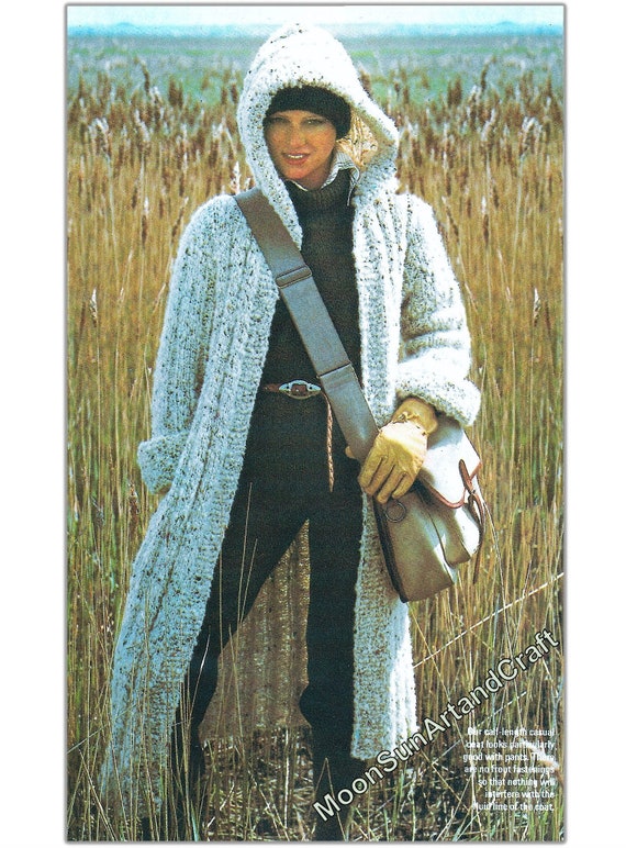Vintage Hooded Women's Long Coat Knitting Pattern / Ladies Maxi Coat Knitting Pattern