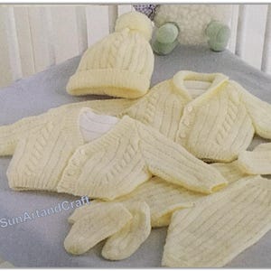 Baby Cardigan, Pants, Hat, Mittens and Socks Knitting Pattern