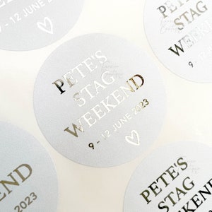 Personalised Name Stag Weekend Stickers, Stag Do Seals, Foil Stickers for Stag Party Favours, Gold Foil, Hen Party Bags, Stag Weekender Lads