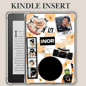 May include: Kindle Insert with a collage design. It features a photo of a person, a race car, and the text "LANDO NORRIS" and "HOT GIRLS LOVE LANDO NORRIS". The background is a light orange and white checkered pattern.