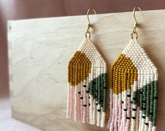 Handmade glass seed bead earrings in neutral tones, blush pink, olive, mustard, cream, minimal