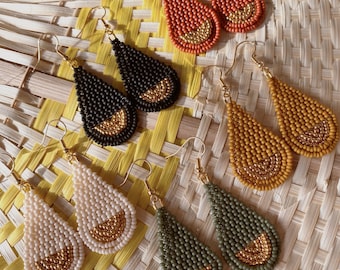 24k gold plated bead and matte Miyuki seed bead teardrop earrings, minimal simple jewellery