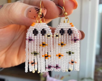 Floral ghost seed bead fringe earrings spooky Halloween