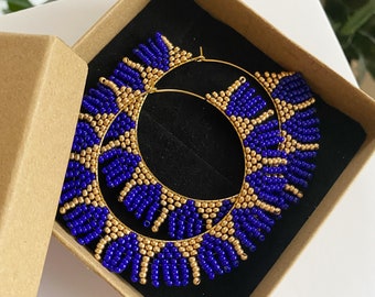 Blue and gold statement seed bead fringe hoops