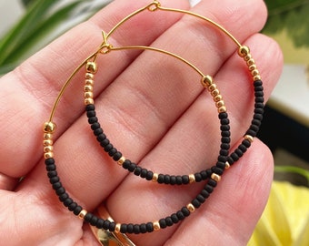 Black Seed Bead Hoop Earrings: Gold Plated Hypoallergenic Hoops (40mm)