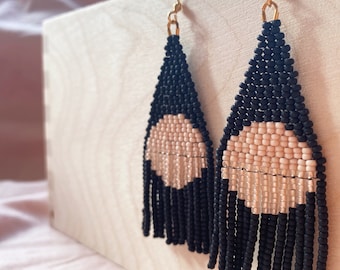 Black and blush pink fringe earrings