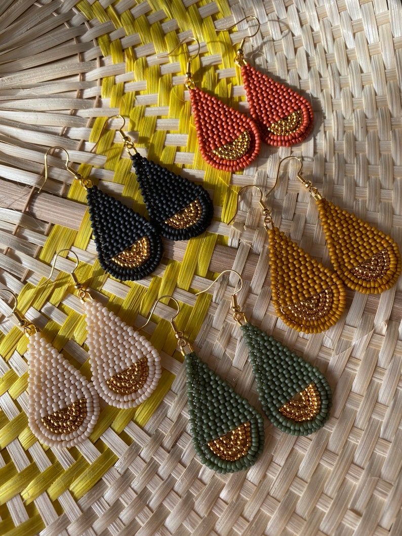24k gold plated bead and matte Miyuki seed bead teardrop earrings, minimal simple jewellery image 2