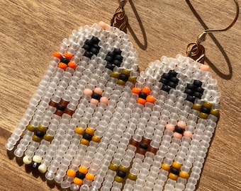 70s orange and brown Floral ghost seed bead fringe earrings spooky Halloween