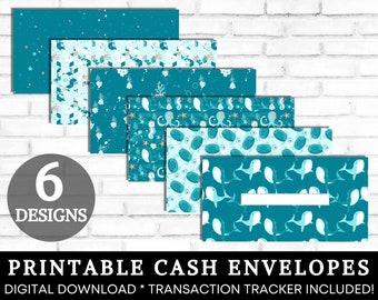 May include: Six printable cash envelope designs featuring a variety of ocean-themed patterns, including seahorses, seashells, and whales. The text "6 DESIGNS" and "PRINTABLE CASH ENVELOPES" is included in the image.  "DIGITAL DOWNLOAD * TRANSACTION TRACKER INCLUDED!" is also included in the image.