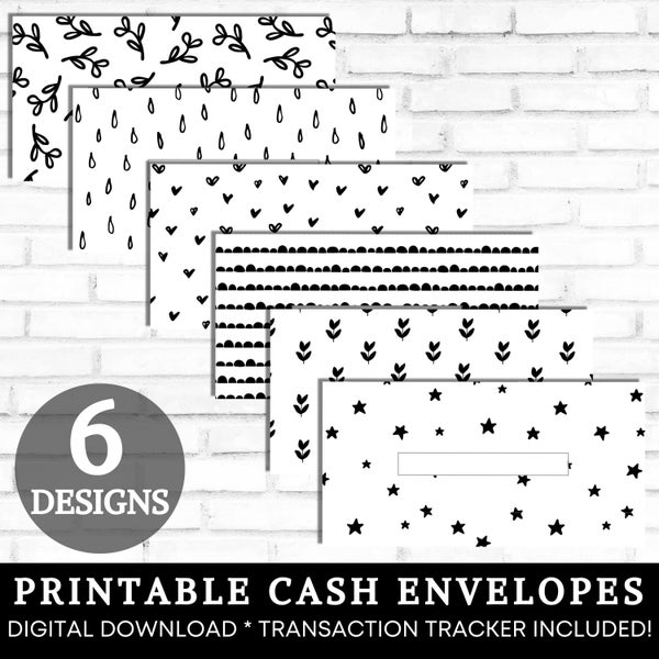 Cash Envelopes Printable, Cash Envelope System, Cute Minimalist Black & White Money Envelopes, Budget Envelopes Printable, Set of 6