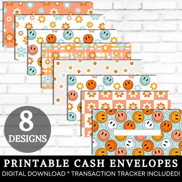 Printable Cash Envelopes, Cash Envelope System, Retro Groovy Smiley Flower Money Envelopes, Budget Envelopes, Cash Stuffing DIGITAL DOWNLOAD