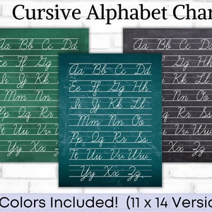 May include: Three printable cursive alphabet charts in green, teal, and black. Each chart features the alphabet in cursive handwriting on a chalkboard background.