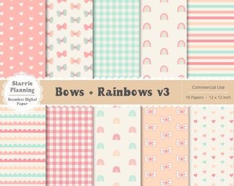 Boho Seamless Paper, Trending Pattern Bows & Rainbows Digital Papers, Commercial Use Paper Pack, 10 Cute Seamless Repeat Boho Backgrounds