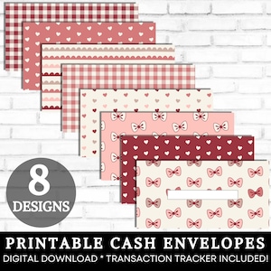 Printable Cash Envelopes with Tracker, Cash Envelope System, Cute Pink Bows & Hearts Money Envelopes, Budget Envelopes, Instant Download