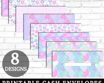 May include: Eight printable cash envelopes with different pastel colored patterns. The patterns include flowers, watermelon slices, suns, and tropical leaves. The text "8 DESIGNS" is on a gray circle.