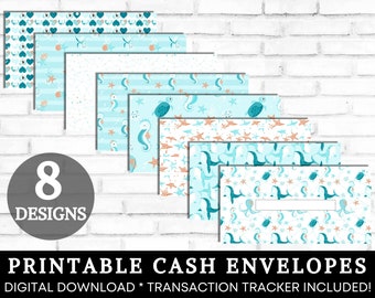 May include: Eight printable cash envelope designs featuring a blue and teal ocean theme with seahorse, starfish, and octopus illustrations.  The text "Printable Cash Envelopes" and "Digital Download* Transaction Tracker Included!" is included in the image.