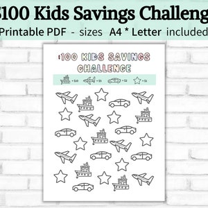 Może przedstawiać: Arkusz do druku 100 Kids Savings Challenge z czarno-białymi ikonami samolotów, łodzi, samochodów i gwiazd. Nagłówek brzmi 100 KIDS SAVINGS CHALLENGE wraz z legendą przypisującą wartości do każdego typu ikony.