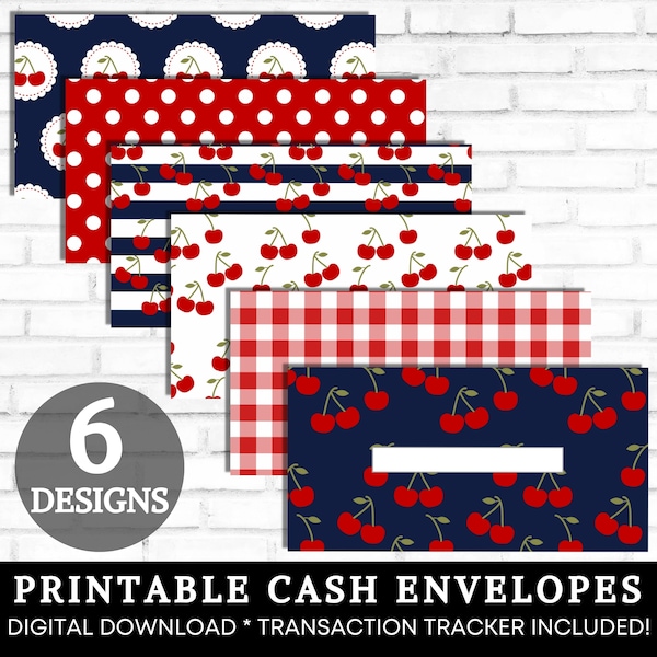 Cash Envelopes Printable, Cash Envelope System, Navy & Red Cherry Money Envelopes, Budget Envelopes Printable, Set of 6, DIGITAL DOWNLOAD