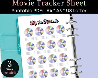 Movie Tracker Sheet, Printable Film Watch List, Movie Log, Wish List, Movie Review, Movies To Watch, Movie Night Planner, A4, A5, US Letter