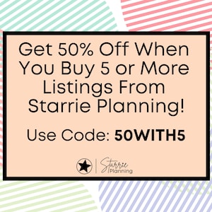Może przedstawiać: Prostokątna grafika z brzoskwiniowym tłem i czarną ramką zawierająca tekst: Get 50% Off When You Buy 5 or More Listings From Starrie Planning! Use Code: 50WITH5. Tło posiada okrągłe kształty z r&oacute;żowymi, zielonymi i niebieskimi paskami.