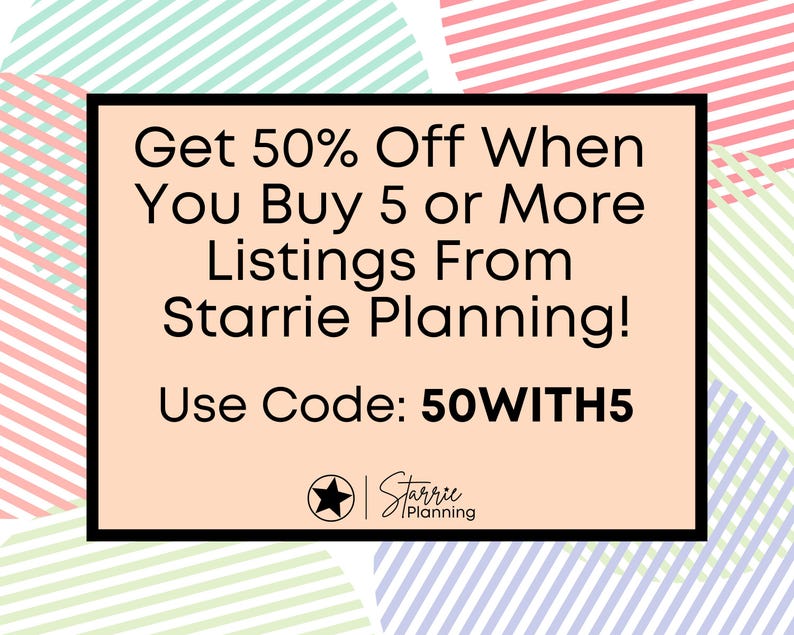 Może przedstawiać: Prostokątna grafika z brzoskwiniowym tłem i czarną ramką zawierająca tekst: Get 50% Off When You Buy 5 or More Listings From Starrie Planning! Use Code: 50WITH5. Tło posiada okrągłe kształty z r&oacute;żowymi, zielonymi i niebieskimi paskami.