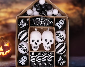 Halloween Skeleton Black and White Ornament Set