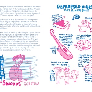May include: A hand-drawn illustration of a person sitting with their head in their hands, surrounded by blue and pink lines. The text "9 of Swords" and "Sorrow" are written below the person. The illustration is a depiction of sadness and depression.