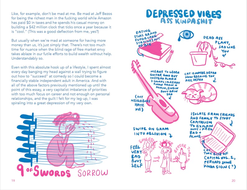 May include: A hand-drawn illustration of a person sitting with their head in their hands, surrounded by blue and pink lines. The text "9 of Swords" and "Sorrow" are written below the person. The illustration is a depiction of sadness and depression.