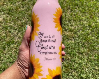 Pink water bottle, with Sunflowers and