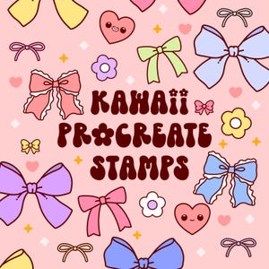 May include: A pink background with various kawaii-style illustrations, including bows, hearts, and flowers. The text "KAWAII PROCREATE STAMPS" is displayed in a brown, retro font. The design features a repeating pattern of cute elements.