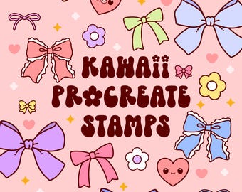 May include: A pink background with various kawaii-style illustrations, including bows, hearts, and flowers. The text "KAWAII PROCREATE STAMPS" is displayed in a brown, retro font. The design features a repeating pattern of cute elements.