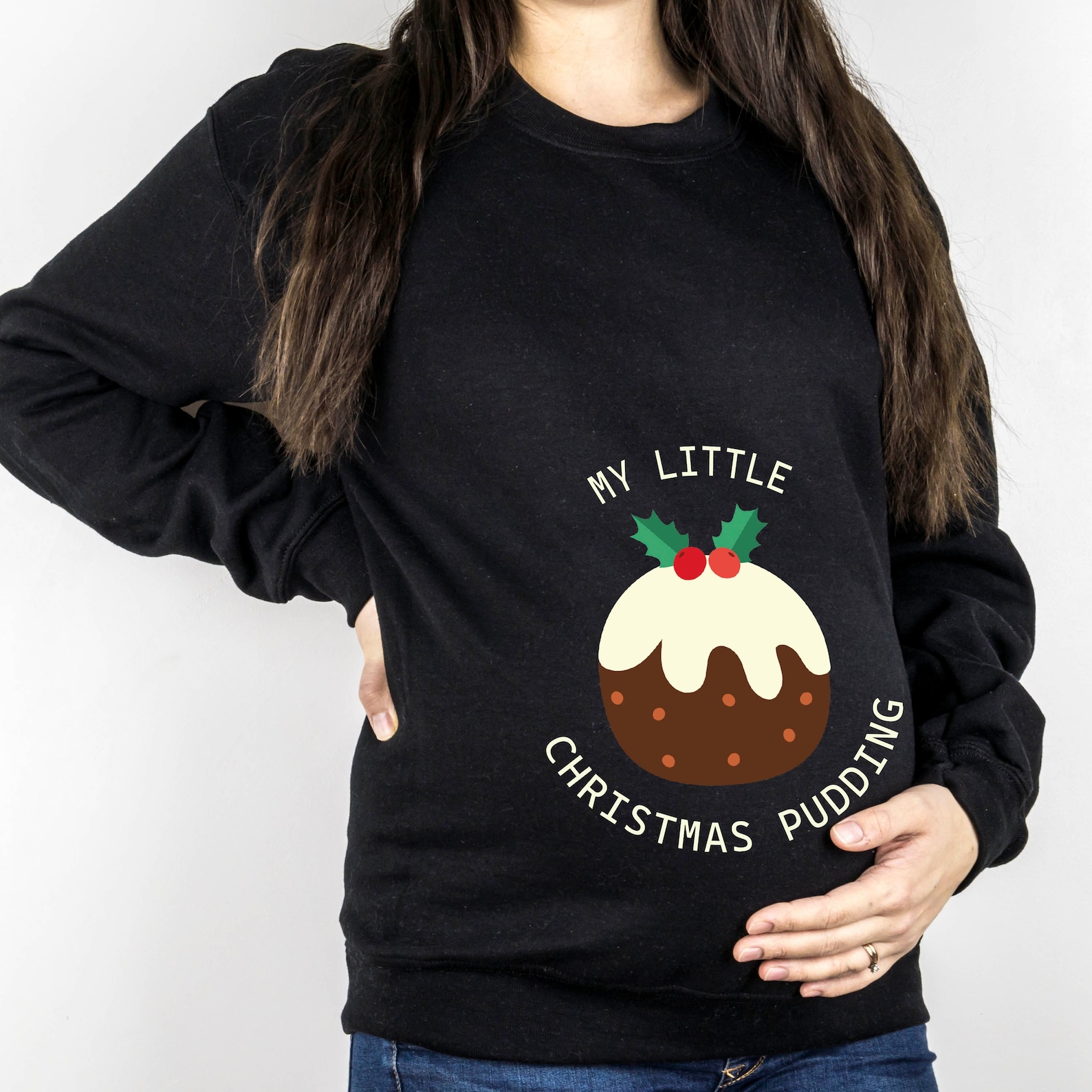 Fun Christmas sweater for maternity saying My little Christmas pudding