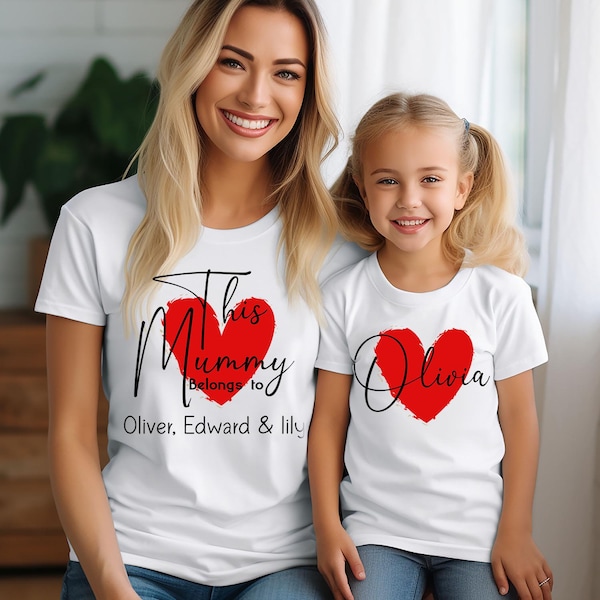 PERSONALISED_TSHIRT (778) This Mummy Belongs To Custom Name Matching Outfit Mothers Day T-Shirt Mommy Your Child Names Women Kids Gift Shirt