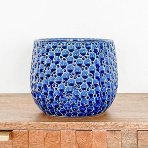 May include: A blue ceramic planter with a textured bubble design. The planter is sitting on a wooden surface.
