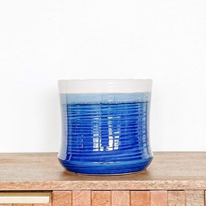 May include: A blue and white ceramic planter with a textured design. The planter is sitting on a wooden surface.