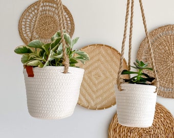 Bianca White Cotton Rope Hanging Planter, Indoor Planter, Woven Rope Hanging Planter Basket