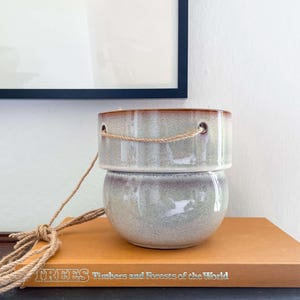Celine Hanging Ceramic Planter with Jute Rope, Rustic Speckled Finish, Indoor Hanging Pot, Housewarming Gift