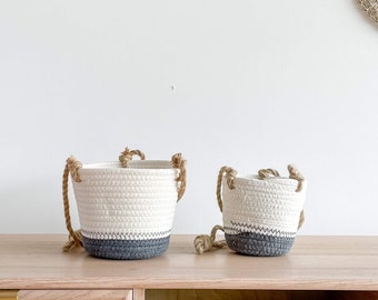 Luna White and Grey Cotton Rope Hanging Planter, Indoor Planter, Woven Rope Hanging Planter Basket