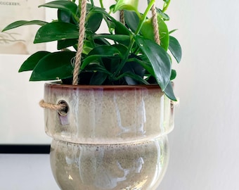 Jardinière suspendue en céramique, Pot suspendu avec corde de jute, Jardinière mouchetée pour plante d'intérieur, Décoration d'intérieur rustique, Celine