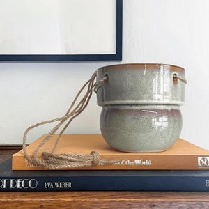 Celine Hanging Ceramic Planter with Jute Rope, Rustic Speckled Finish, Indoor Hanging Pot, Housewarming Gift