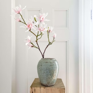 May include: A light green ceramic vase with a textured surface holds a branch of pink and white magnolia blossoms. The vase sits on a weathered, square wooden block, against a white background.