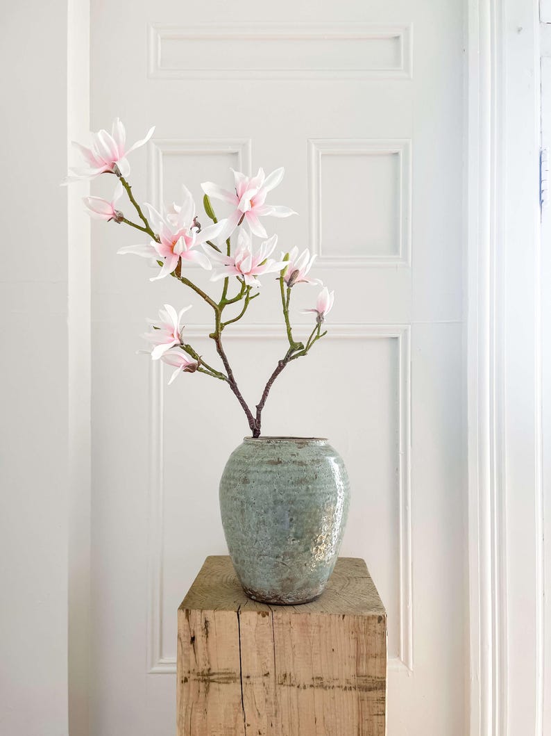 May include: A light green ceramic vase with a textured surface holds a branch of pink and white magnolia blossoms. The vase sits on a weathered, square wooden block, against a white background.