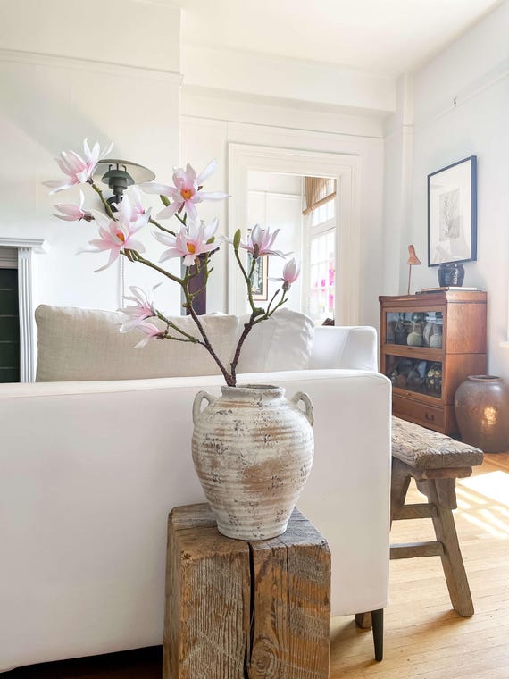 Vintage-Style Ceramic Vase, Ivory Amphora Vase, Rustic Terracotta Home Decor, Double Handle Decorative Accent, Luciana