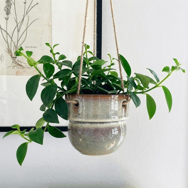 Celine Hanging Ceramic Planter with Jute Rope, Rustic Speckled Finish, Indoor Hanging Pot, Housewarming Gift