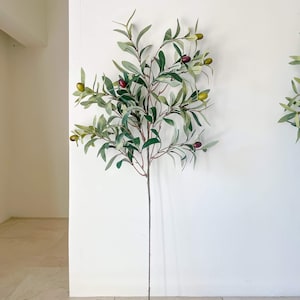 May include: An artificial olive branch featuring green leaves and olives in shades of green, red, and purple. The branch is displayed against a white wall, offering a natural and stylish appearance. The olives are in different stages of ripeness.