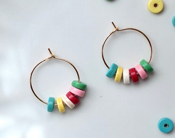 Mini rainbow hoops, cute, fun, gift idea, colorful beads, cheerful, bright, women, girls,  birthday, gold plated hoops, small, lightweight