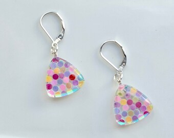 Iridescent triangle earrings, 925 sterling silver, colorful confetti pieces, resin charm, petite earrings, whimsical, fun, lightweight